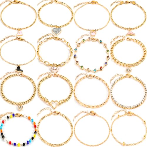 16 pcs Gold Plated Bracelets for Women Layered Chain Bracelets Adjustable Cute Bangle Link Bracelet Sets