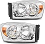 DWVO Headlight Assembly Compatible with 06-08 Dodge Ram 1500, 06-09 Dodge Ram 2500/3500 Replacement Headlamp Driving Light Chromed Housing Amber Reflector