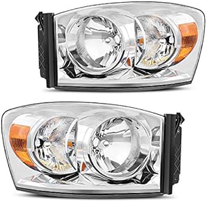 DWVO Headlight Assembly Compatible with 06-08 Dodge Ram 1500, 06-09 Dodge Ram 2500/3500 Replacement Headlamp Driving Light Chromed Housing Amber Reflector
