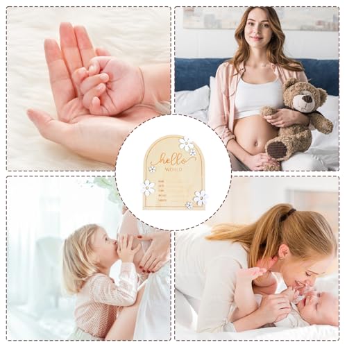 Image of Wooden Hello World Newborn Sign Baby Announcement Sign for Baby Showers Daisy Newborn Birth Announcement Board Welcome Darling Shower Gifts for Hospital Nursery with Photo Frame and Stand
