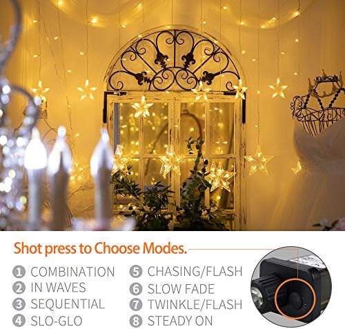 Christmas Window Lights 138 Led Christmas Lights with 8 Flashing Modes Remote Control Curtain Fairy String Lights with Hook 12-Star for Christmas Wedding Bedroom Party Birthday