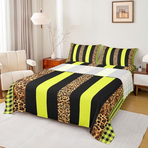 Manfei Leopard Print Sheet Set Queen Size,Yellow Brown Black Stripes Bedding Set,Wild Animal Cheetah Skin Bed Sheet Set 4pcs with Deep Pocket Fitted + Flat + 2 Pillowcases,Kids Boys Girls Room Decor