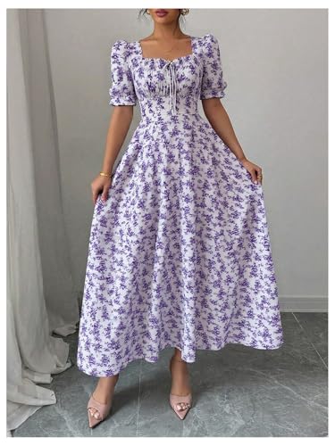 Image of Floerns Women's Floral Short Puff Sleeve Milkmaid Dress Boho A Line Long Dresses