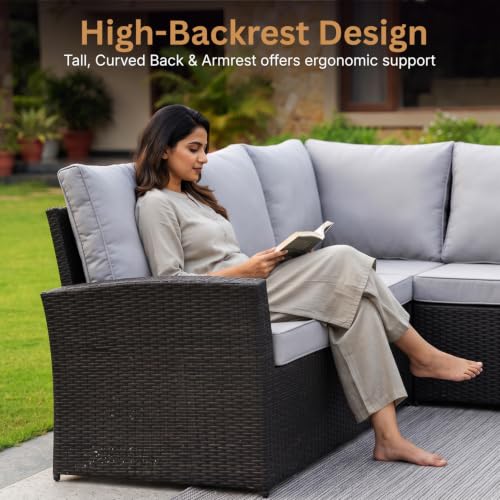 Image of DEVOKO 6 Pcs Outdoor Conversation Set Patio Furniture Set All Weather Wicker Sectional Couch 7 Seater Sofa Dining Table Garden, Poolside, Balcony, Backyard (Black And Grey Color)