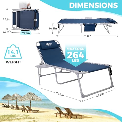 #WEJOY 2 PCS Lounge with Side Table for Outdoor 5-Position Adjustable Recliner Chair for Beach Sunbathing Patio Pool Lawn Lay Flat Portable Camp Reclining Chair with Shoulder Strap Side Pocket