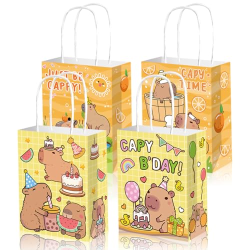 Geluode Capybara Party Favor Bags with Handles, 12Pcs Cute Capybara Paper Gift Bags, Goodie Candy Snack Treat Paper Bags for Kids Girls Boys Birthday Wedding Party Supplies
