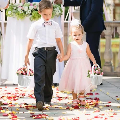 Lebsitey 2 Flower Girl Basket and Ring Pillow Set, White Satin Bow Flower Basket Pearl Collection Flower Girl Basket and Bud Cross Ring Pillow for Wedding - Thumbnail 6