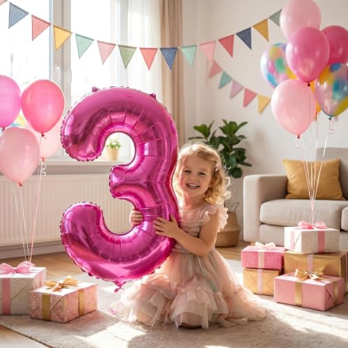 Image of YPSelected 32 Inch Large Foil Helium Number Balloon Birthday Wedding Party 0-9 (Rose Red, 3)