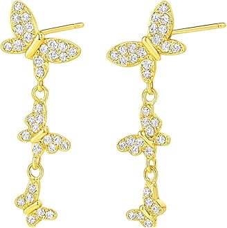14K Gold Plated Butterfly Dangle Earrings for Women - Dainty, Trendy, Hypoallergenic CZ Drop Earrings - Simple Long Dangling Jewelry