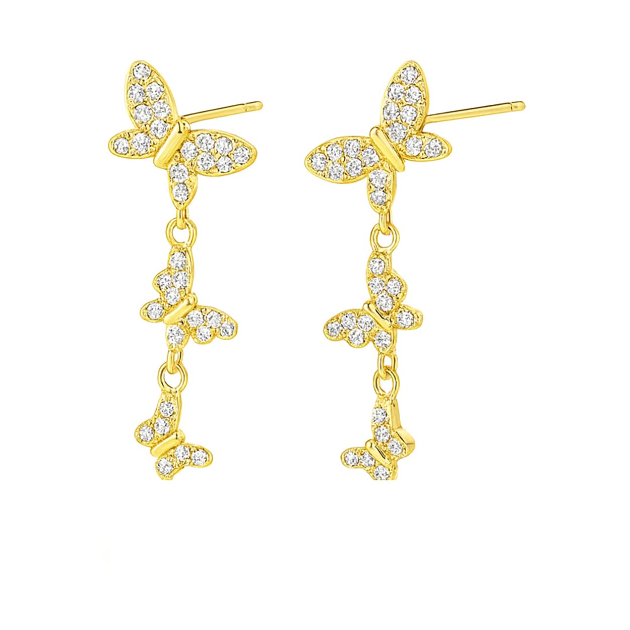 14K Gold Plated Butterfly Dangle Earrings for Women - Dainty, Trendy, Hypoallergenic CZ Drop Earrings - Simple Long Dangling Jewelry