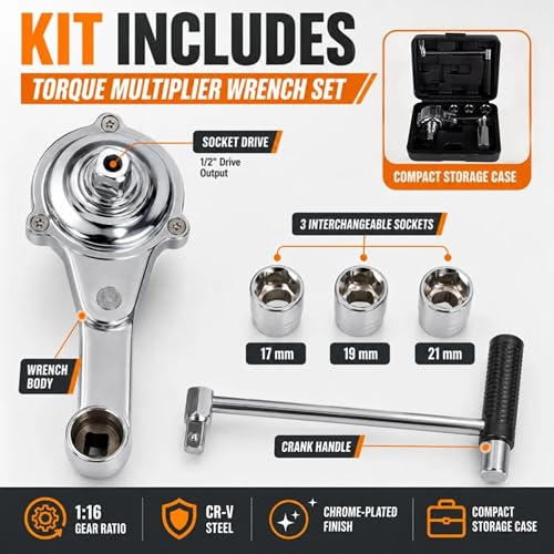 Image of RANSOTO Torque Multiplier Set Nut Disassembly Tool with 11 /16 inch 3 /4 inch13 /16 inch 17mm 19mm 21mm Sockets for Loosening Car Tire Lug Nuts