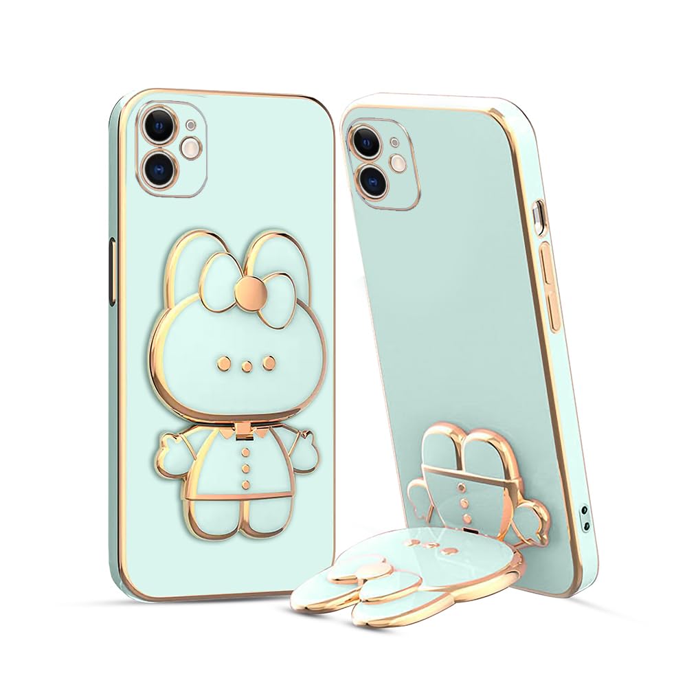 KARWAN Silicone ? 3D Cat Back Case and Cover with Stand Compatible for iPhone 11 | Stand and Mirror | Camera Protection | Electroplated | Folding Stand - Mint