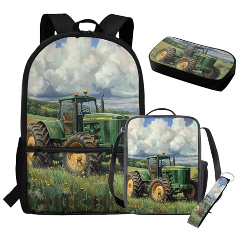 Gomyblomy Tractor Backpack with Lunch Box for Kids 12-14 Lightweight Bookbag for Boys Girls with Lunch Bags Pencil Case Keychain 4 in1 Set Teens School Bag for Elementary Middle School2