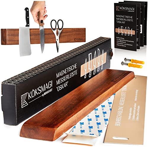 KÖKSMAGI® Barre magnetique pour couteaux OSKAR (40 cm) - porte couteaux en bois avec aimant extrêmement puissant pour couteaux lourds - avec accessoires pour coller & percer