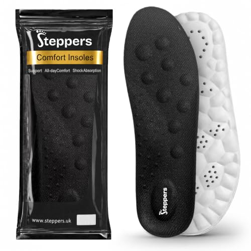 Original Steppers Insoles 2026 4D Steppers Comfort Boosting Massage Insole Memory Foam Thermal Insoles Comfy Insole with Arch Support for Men and Women (Black Large (EU 43-44))