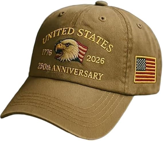 250th Anniversary USA Hat, Adjustable Printed Bald Eagle Baseball Cap United States, 250th Anniversary hat Made in USA (Khaki Color)