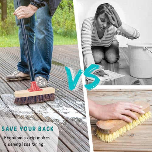 Deck Brush with Long Handle, 52'' Palmyra Bristle Scrub Broom for Boat, Patio, Garage, Concrete, Shower, Bathroom Cleaning, Outdoor Floor Scrubber