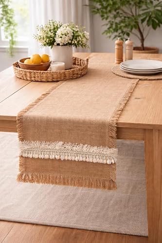 ThrowPillow Jute Table Runner with Fringe & Cowrie Shell | 14x90 Inches | Fits 6.5 Ft Dining, Coffee, TV Console & Center Table | Entry Console | Center Tables