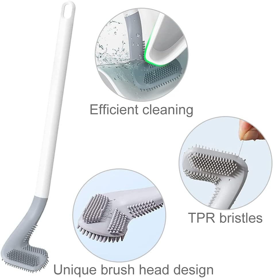 Image of Toilet Brush, Long Handle Golf Toilet Brush with Holder 360 Deep Cleaning Flexible Silicone Toilet Cleaner Brush Wall Mounted for Bathroom (2Pcs White Brush)