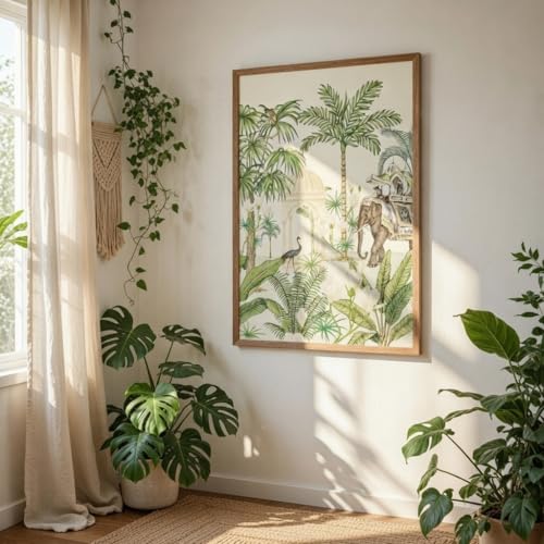 Image of Livin'luxe Tropical Elephant Palace Wall Art with Wooden Frame | Vintage Botanical Jungle HD UV Laminated Print on MDF | Elegant Nature Decor for Living Room Bedroom Office 13.5 x 19.5 Inch