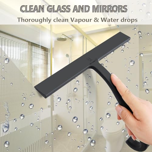 Image of Shower Squeegee for Glass Doors - 10 inch Silicone Squeegee with Built-in Hook, One-Piece Seamless Design, Streak-Free & No-Scratch Window Cleaner for Bathroom, Mirrors & Tiles Black