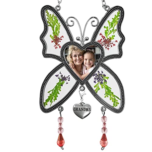 Picture Gifts for Grandma - Butterfly with Pressed Flowers in The Wings - Photo Opening is 1.5” W - Sun Catcher for a Special Grandmother - Heart Charm and Beads - 5” H x 3.12