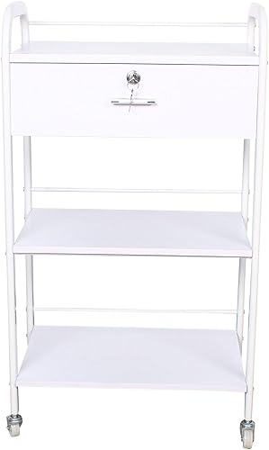 Miniatura 3 de Carrito utilitario rodante de 3 niveles con ruedas, carrito de esteticista móvil blanco con un solo cajón con bloqueo, carrito de servicio médico