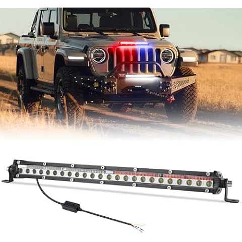 OPP ULITE Slim Led Light Bar 13.5inch with Red Blue Strobe Light 1 Solid Mode & 1 Flashing Mode, 84pcs Led Spot Beam Driving Work Lights for 4x4 Trucks SUV ATV UTV, 1PC Pack Cover