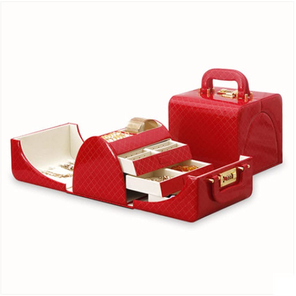 Jewelry Box Jewellery Box مجوهرات حمراء مربع 22 * ​​22 * ​​23 سم، سوار خاتم خاتم قلادة صندوق تخزين مع قفل الرمز الرقمي، صندوق تخزين مجوهرات مقبض (Color : Red+Code lock)