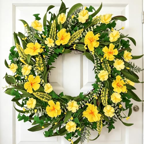 Lslefu 22 Inch Spring Summer Wreaths for Front Door Artificial Flowers Wreath with Yellow Floral Green Leaves Berries and Grain Spikes Farmhouse Wreath for Front Porch Wall Indoor Outdoor Home Decor