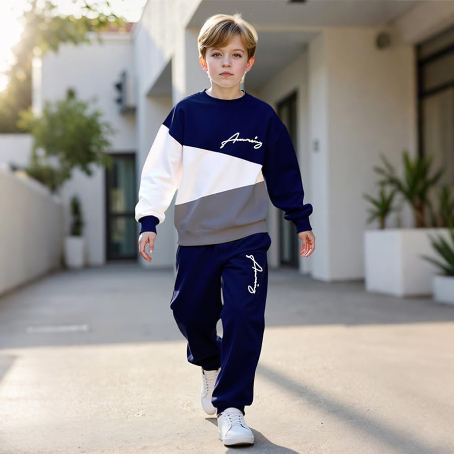 Boys Casual Color Block Sweatshirt Sets, Font Pattern Print Top and Long Pants Fall Winter Outfits for Kids 8-12T - Image 5