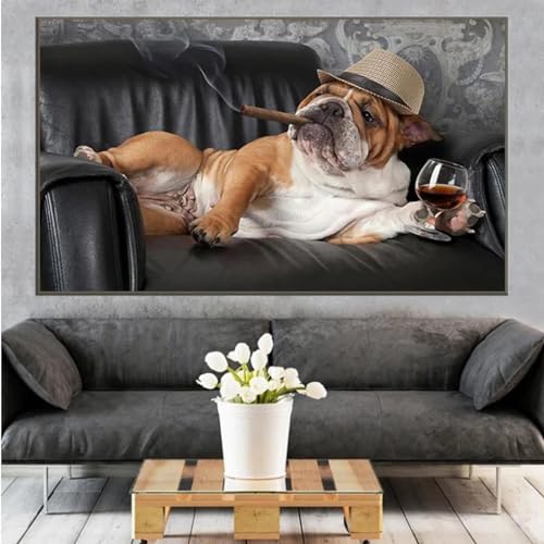 Art peinture salon chien buvant du vin rouge déco moderne 80x140cm