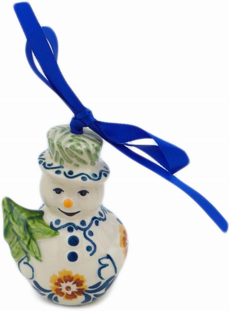Polmedia Polish Pottery Snowman Ornament UNIKAT - Three Lillies Pattern Handmade in Boleslawiec Poland + Certificate of Authenticity