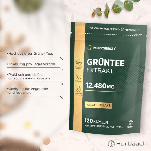 Grüntee Extrakt 12480 mg pro Tagesdosis | 120 Pulver Kapseln | Hochdosiert Green Tea | Vegane | von Horbaach
