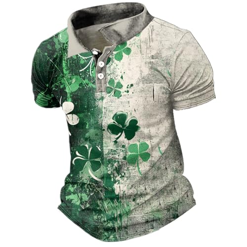 St Patricks Day Shirt Men Four Leaf Clover Vintage Dirty Button Down Funny St Paddys Day Irish Shamrock Short Sleeve Polo Shirt Oversized Casual Golf Linen Work Out Graphic T-Shirts Tee Tops,XL