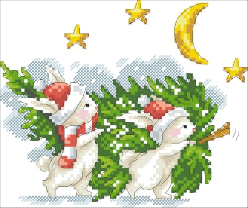 Image of Howie's Needlepoint Cross Stitch Kits, 14CT Pre-Printed Charistmas Pattern Embroidery Kits, Full Range of Stamped Starter Needlework Kits (Two Rabbits Carrying The Christmas Tree, 8.27 x 7.48inch)