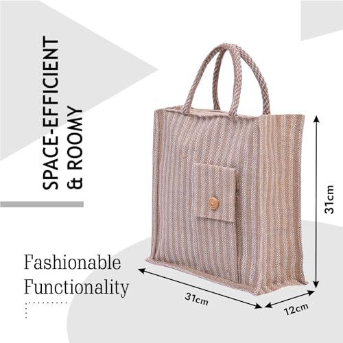 Image of Kuber Industries Grocery Bag | Jute Carry Bag | Lunch Bags for Office | Zipper Grocery Bag with Handle | Vegetable Bag | Lining Front Pocket Shopping Bag | Medium | Brown