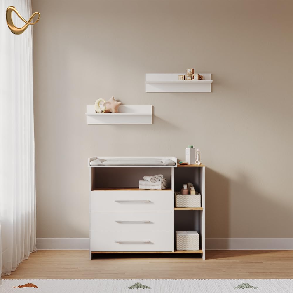 Livinity Cambiador Torino, Roble Blanco/Dorado, con 3 cajones
