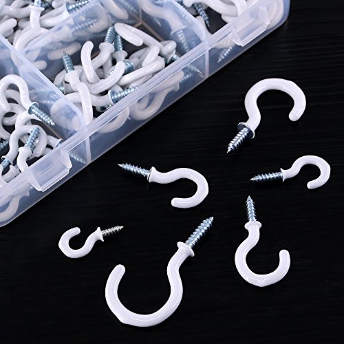 Image of Swpeet 100Pcs White Cup Hooks Assortment Kit, Vinyl Coated Ceiling & Wall Hooks Holder for Home, Office & Workplace - 1 /2 inch, 5 /8 inch,3 /4 inch,7 /8 inch,1'',1-1 /4 inch (White)