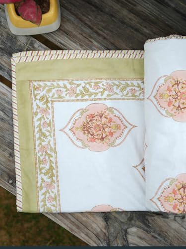Image of Madhurika Queen Size Quilt | Hand Block Floral Printed | Muslin Dohar - 100% Cotton | 3-Layer Lightweight Reversible Blanket - Soft, Breathable, Travel-Friendly Throw for Home & Bedroom (Peach)