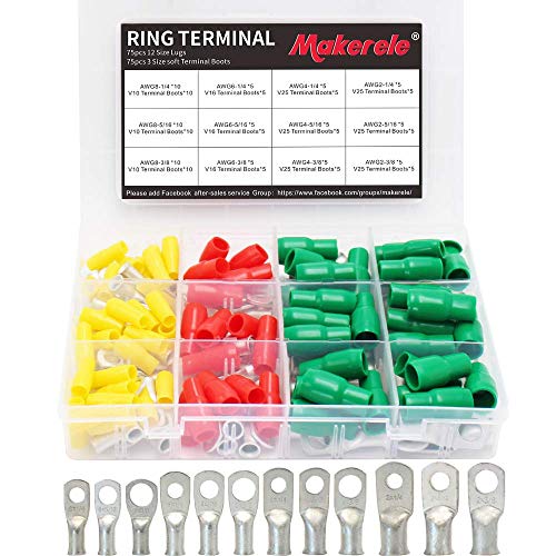 MAKERELE 150PCS Matte Tinned Battery Cable Heavy Duty Marine Grade Wire Lugs with Soft PVC Terminal Boots Insulating Covers,Wire connectors kit AWG 8-2 USA Listed for Home,Automotive Applications