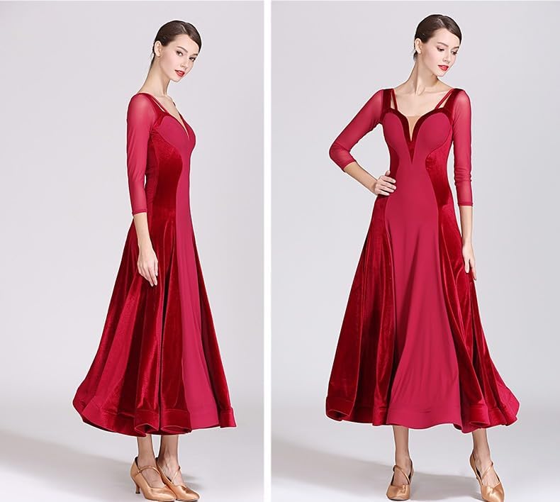 HEARTTOUCH Velvet Ballroom Dance Dress Women Modern Waltz Tango Dresses Swing Skirt Ball Gown for Competitive Social Dancing