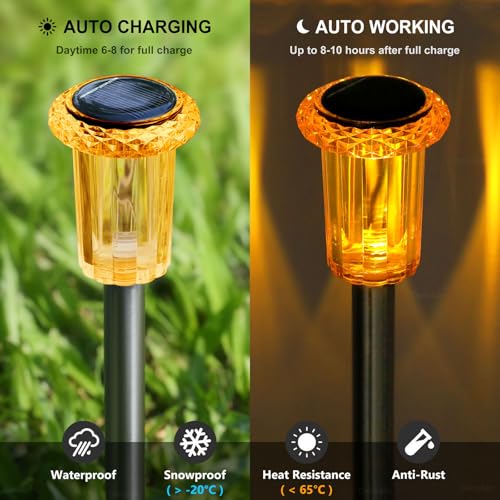 Image of DenicMic Solar Halloween Lights Outdoor Fall Decorations Orange LED 10 Pack | Yard Garden Pathway Walkway Patio Diamond-like Style Starburst Light Pattern, Acrylic /Stainless Steel, Autumn /Halloween Decor
