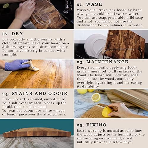 Erreke Wooden Chopping Board, 44 cm Long Natural End Grain Teak Wood, 3.2 cm Thickness, Kitchen or Barbecue, Cut or Serve Meat Cheese Bread, 44x30x3.2 cm (with Juice Groove)