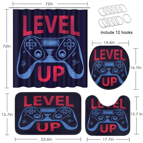 ArtSocket Fun Game Bathroom Set with Shower Curtain and Rugs Accessories, Computer Gamer Child Play Game Shower Curtain, Level Up Bathroom Decor 4 Pcs