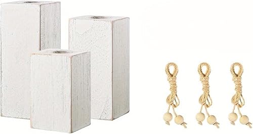 Portavelas de madera, 3 unidades, estilo rústico de granja, soporte para velas con base plana para decoración del hogar, centro de mesa
