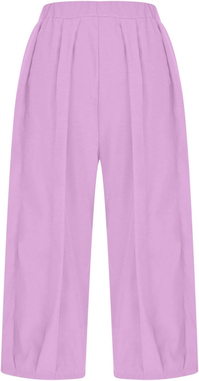 Womens Capri Pants Wide Leg Summer Beach Vacation Flowy Pants Soft Comfy Elastic High Waisted Trousers with Pockets