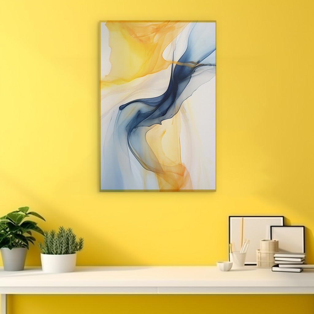 Canvas for Living room. Fluid Symphonies in Blue and Yellow: Capturing Motion Through Abstract Artistry, 27 x 18 inch Canvas Wall Art - Contemporary Masterpieces - Modern Home Decor