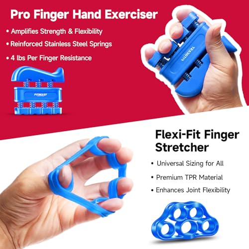 Hand Grip Strengthener Workout Kit (5 Pack) FitBeast Forearm Grip Adjustable Resistance Hand Gripper, Finger Exerciser, Finger Stretcher, Grip Ring & Stress Relief Grip Ball for Athletes (Light Blue) - Thumbnail 3