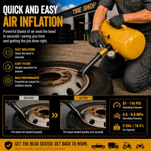 Image of XtremepowerUS 5-Gallon Heavy Duty Tire Bead Seater Air Blaster, 145 PSI Air Cannon with Pressure Gauge, Fast Tire Seating Inflator for Trucks, Tractors, ATVs, RVs, Pickups, Cars & Off-Road Vehicles